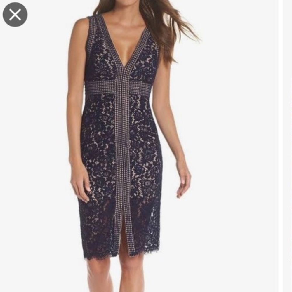 Bardot Navy Lace V-Neck Mini Dress with Beige Underlay